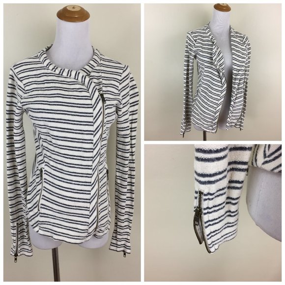 LUCKY BRAND Asym Zip Ivory Blue Striped French Terry Zip Pockets & Cuffs Jacket - Picture 1 of 12